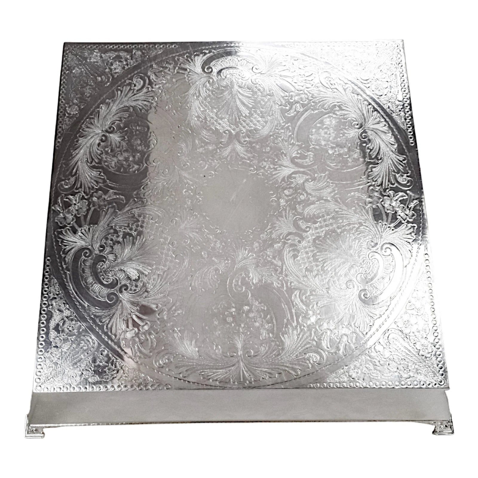 Huge vintage silver plated wedding cake stand engraved with bows, bells and horseshoes