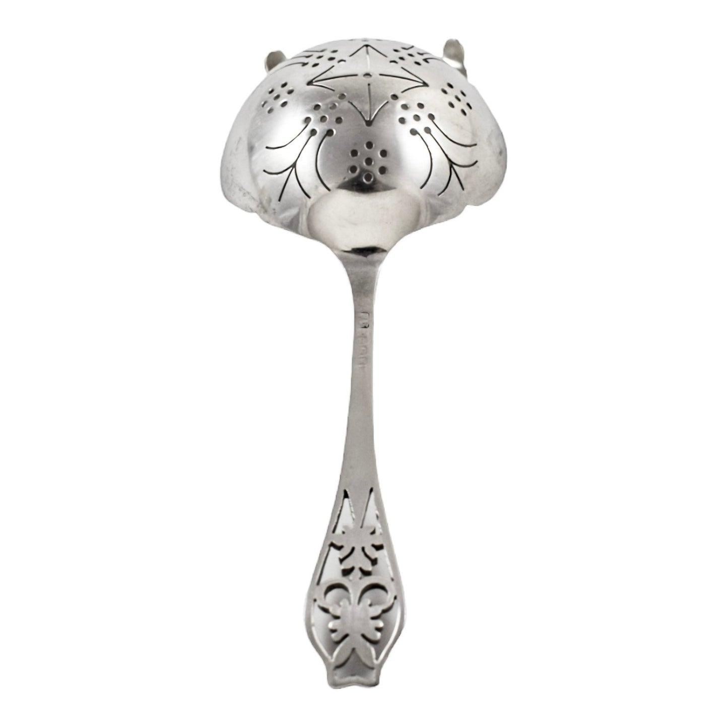 Art Deco large sterling silver tea strainer with bowl stand and pierced handle