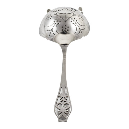 Art Deco large sterling silver tea strainer with bowl stand and pierced handle