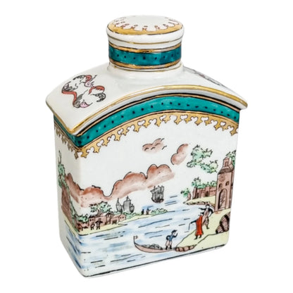 Late 19th century French Samson armorial porcelain tea caddy with riverscape scenes