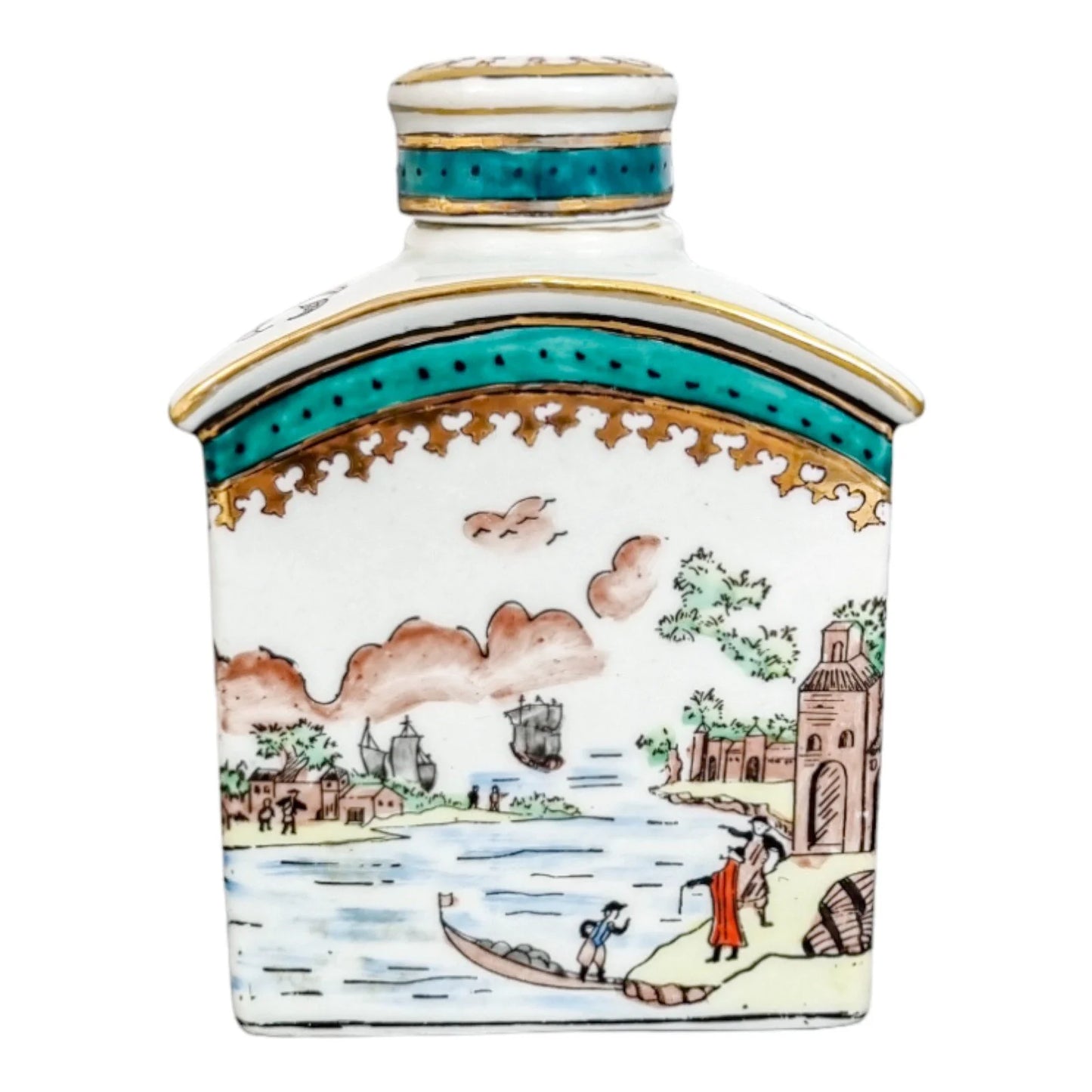 Late 19th century French Samson armorial porcelain tea caddy with riverscape scenes