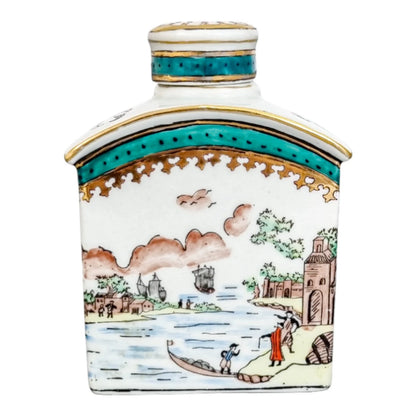 Late 19th century French Samson armorial porcelain tea caddy with riverscape scenes