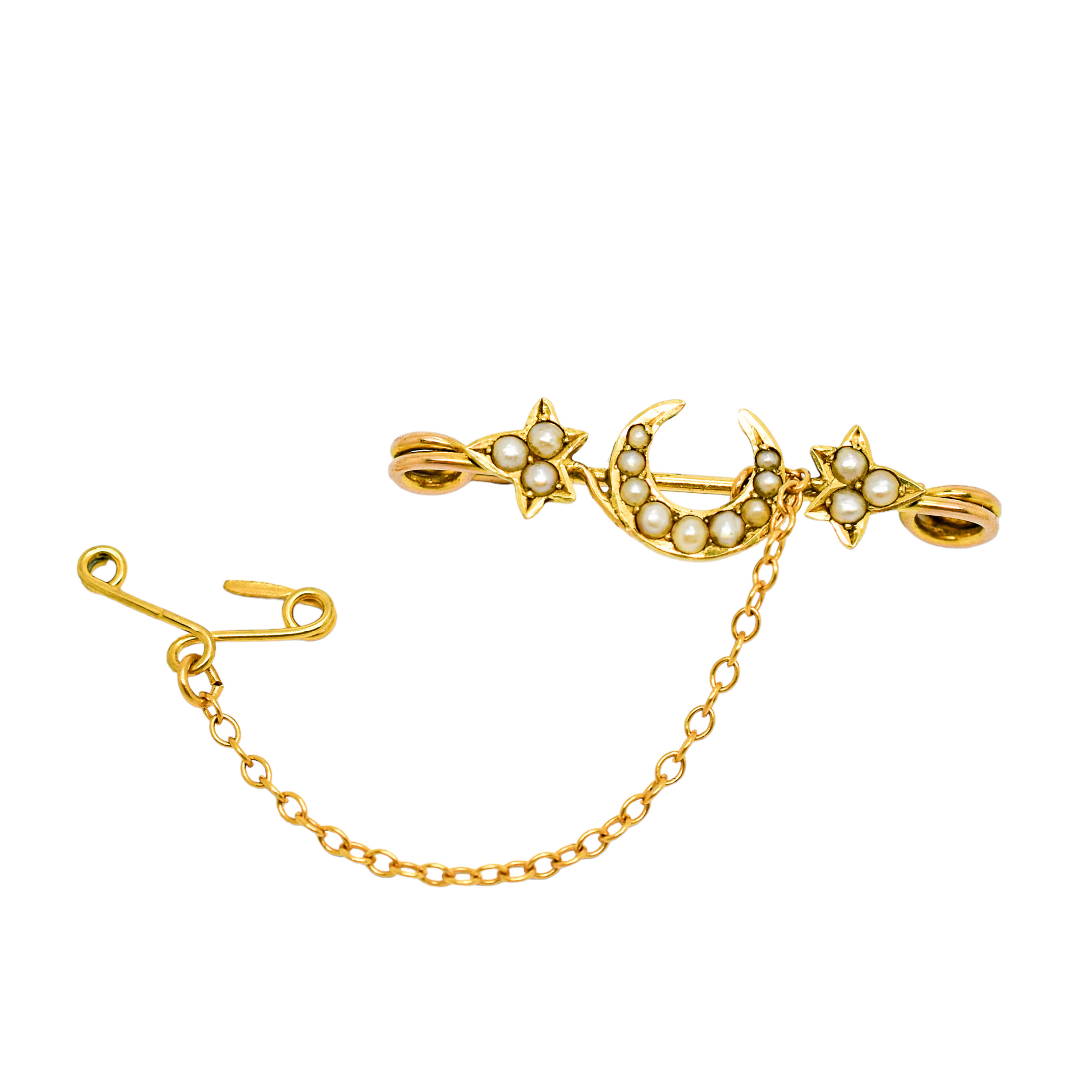 Victorian 14ct gold crescent moon ivy leaf pearl bar brooch