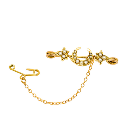 Victorian 14ct gold crescent moon ivy leaf pearl bar brooch