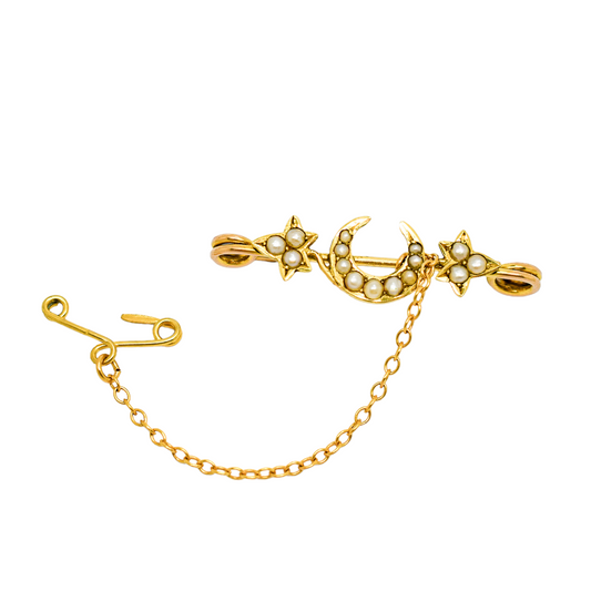 Victorian 14ct gold crescent moon ivy leaf pearl bar brooch
