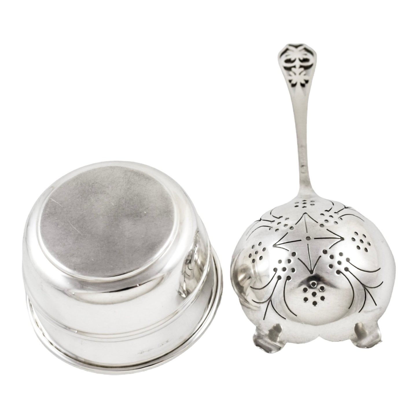 Art Deco large sterling silver tea strainer with bowl stand and pierced handle