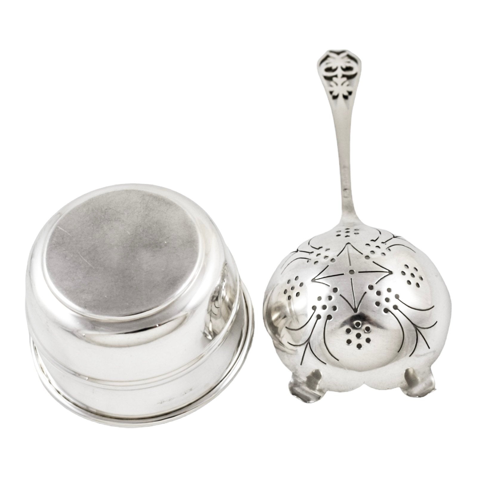 Art Deco large sterling silver tea strainer with bowl stand and pierced handle