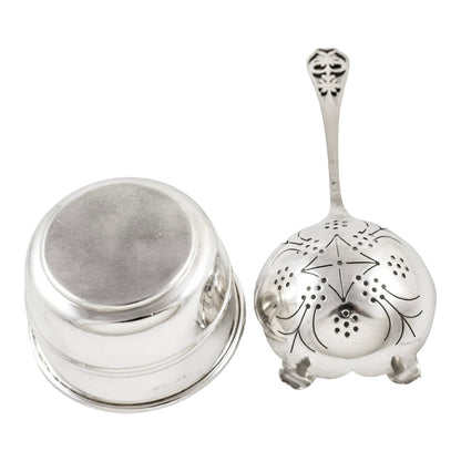 Art Deco large sterling silver tea strainer with bowl stand and pierced handle