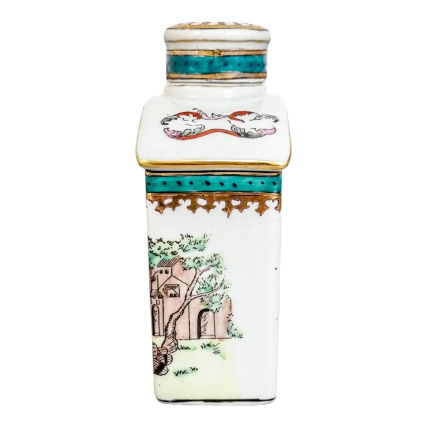 Late 19th century French Samson armorial porcelain tea caddy with riverscape scenes