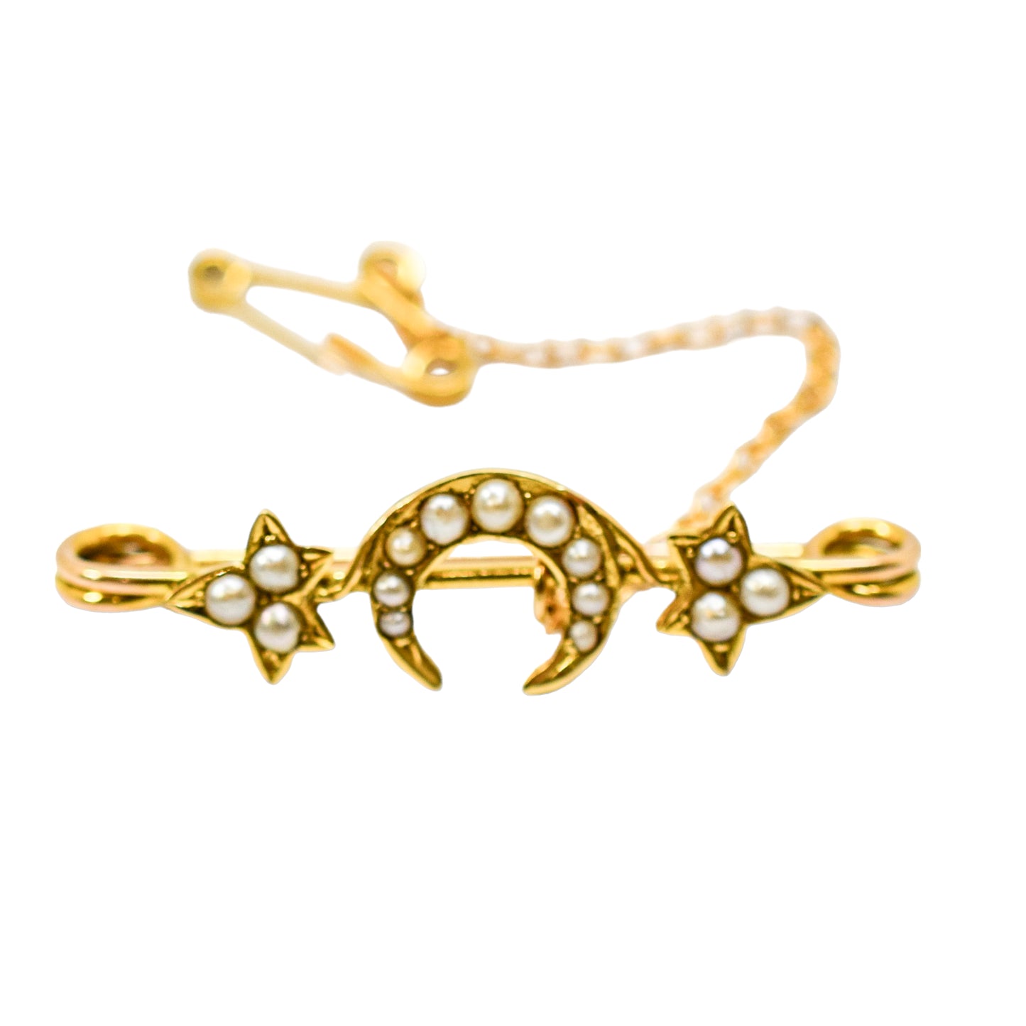 Victorian 14ct gold crescent moon ivy leaf pearl bar brooch