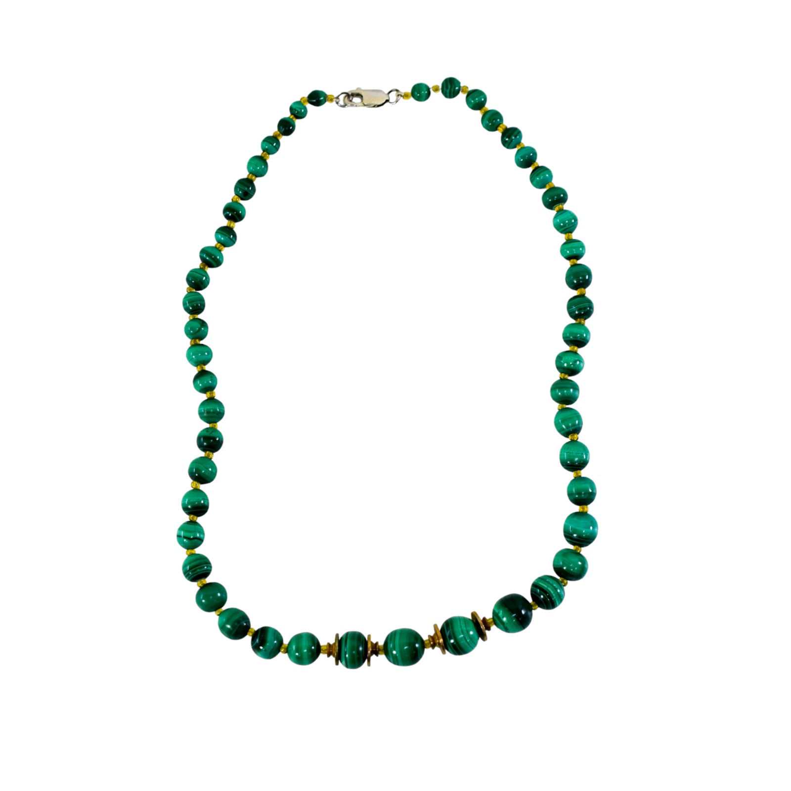 Vintage graduated malachite beaded necklace with sterling silver clasp