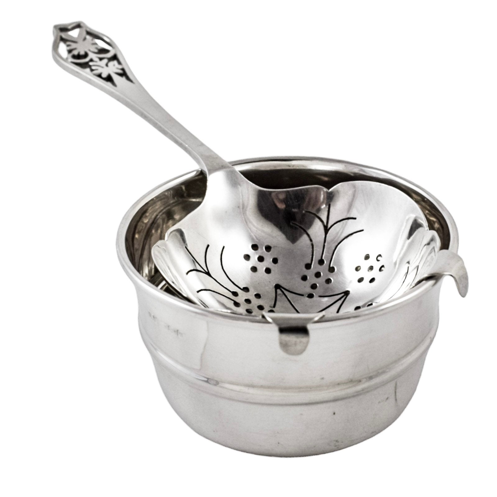 Art Deco large sterling silver tea strainer with bowl stand and pierced handle