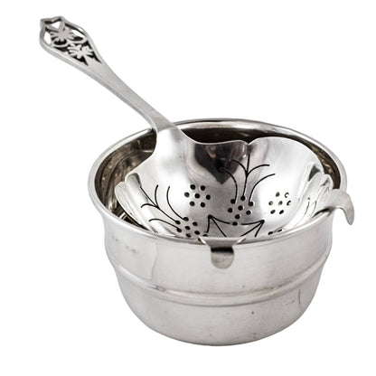 Art Deco large sterling silver tea strainer with bowl stand and pierced handle