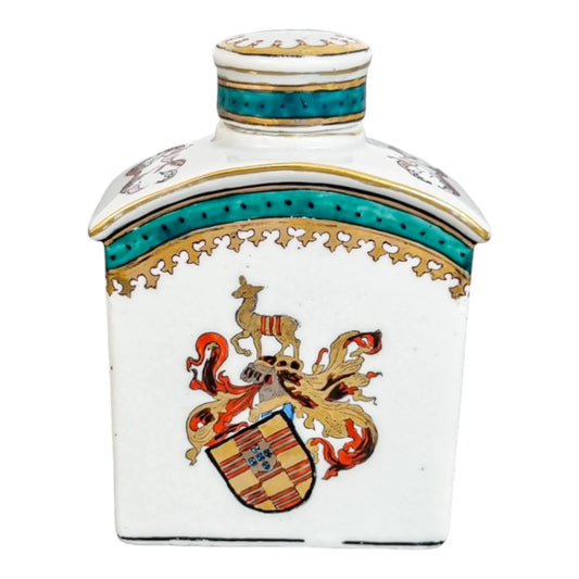 Late 19th century French Samson armorial porcelain tea caddy with riverscape scenes