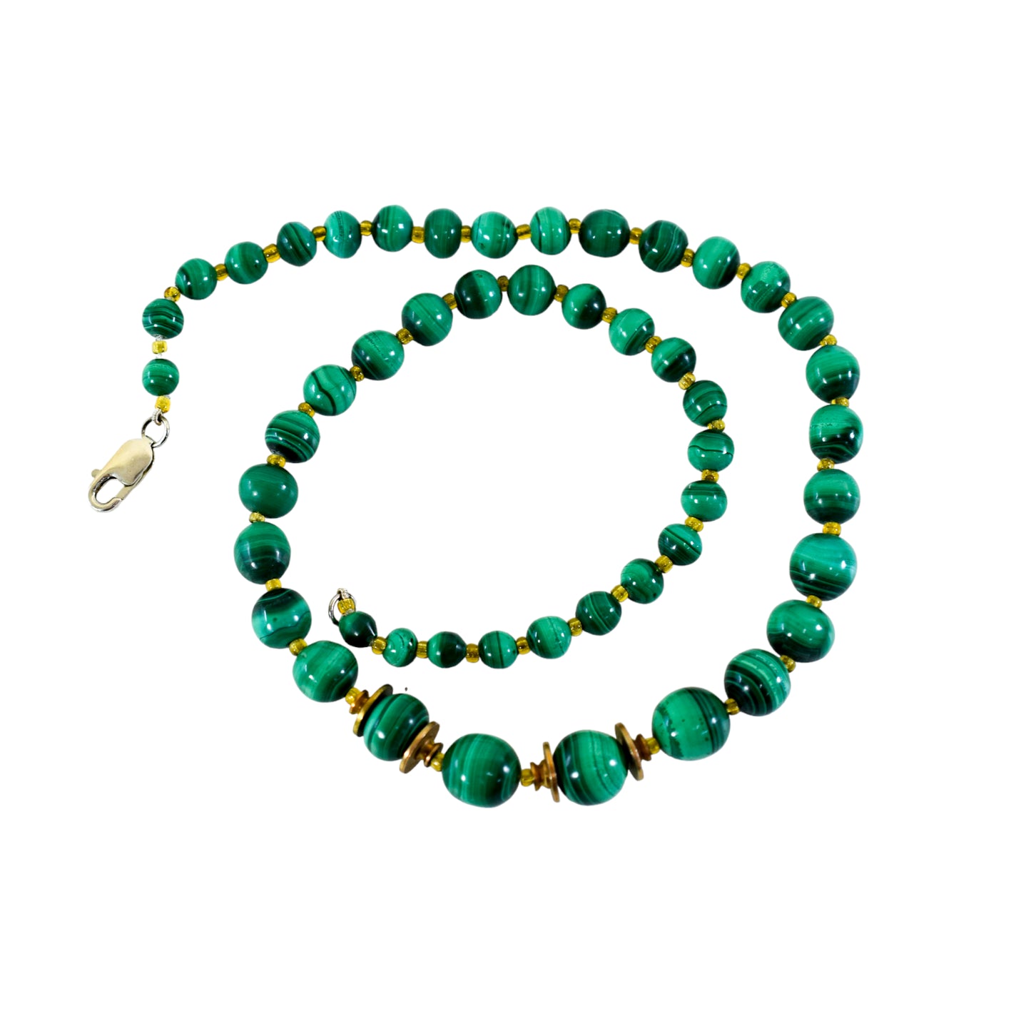 Vintage graduated malachite beaded necklace with sterling silver clasp