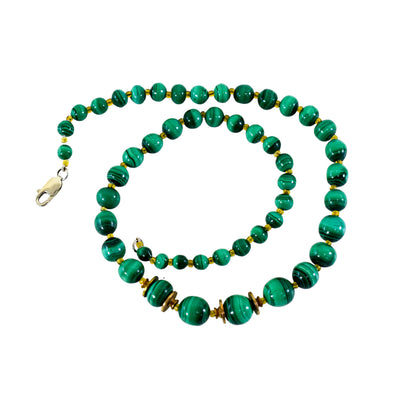 Vintage graduated malachite beaded necklace with sterling silver clasp