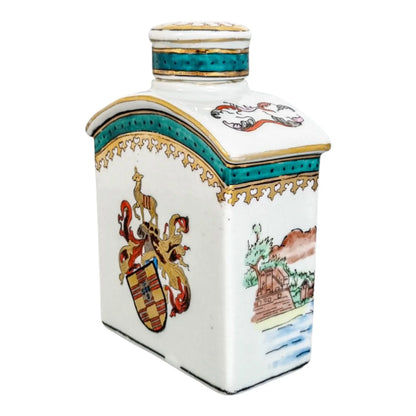 Late 19th century French Samson armorial porcelain tea caddy with riverscape scenes