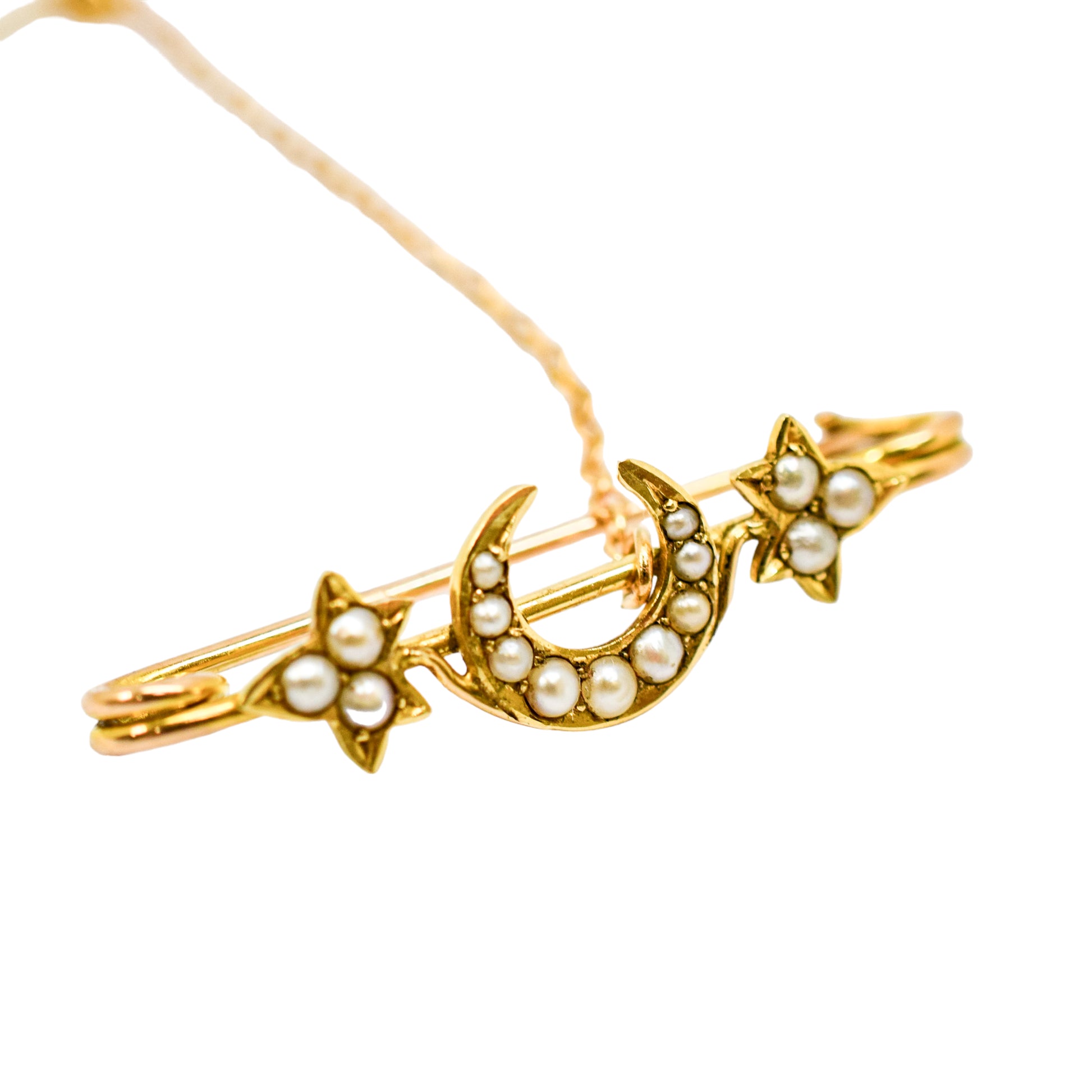 Victorian 14ct gold crescent moon ivy leaf pearl bar brooch