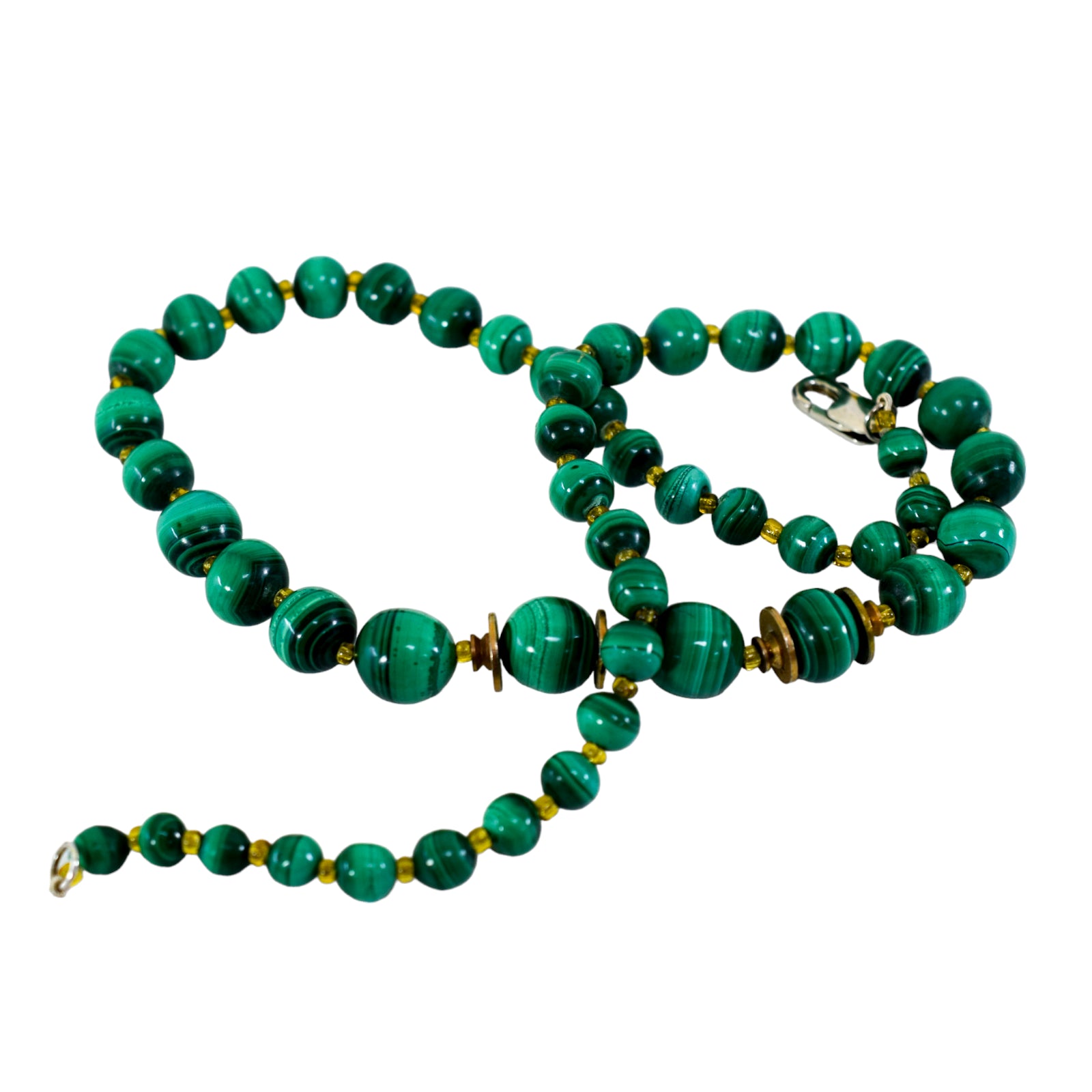 Vintage graduated malachite beaded necklace with sterling silver clasp