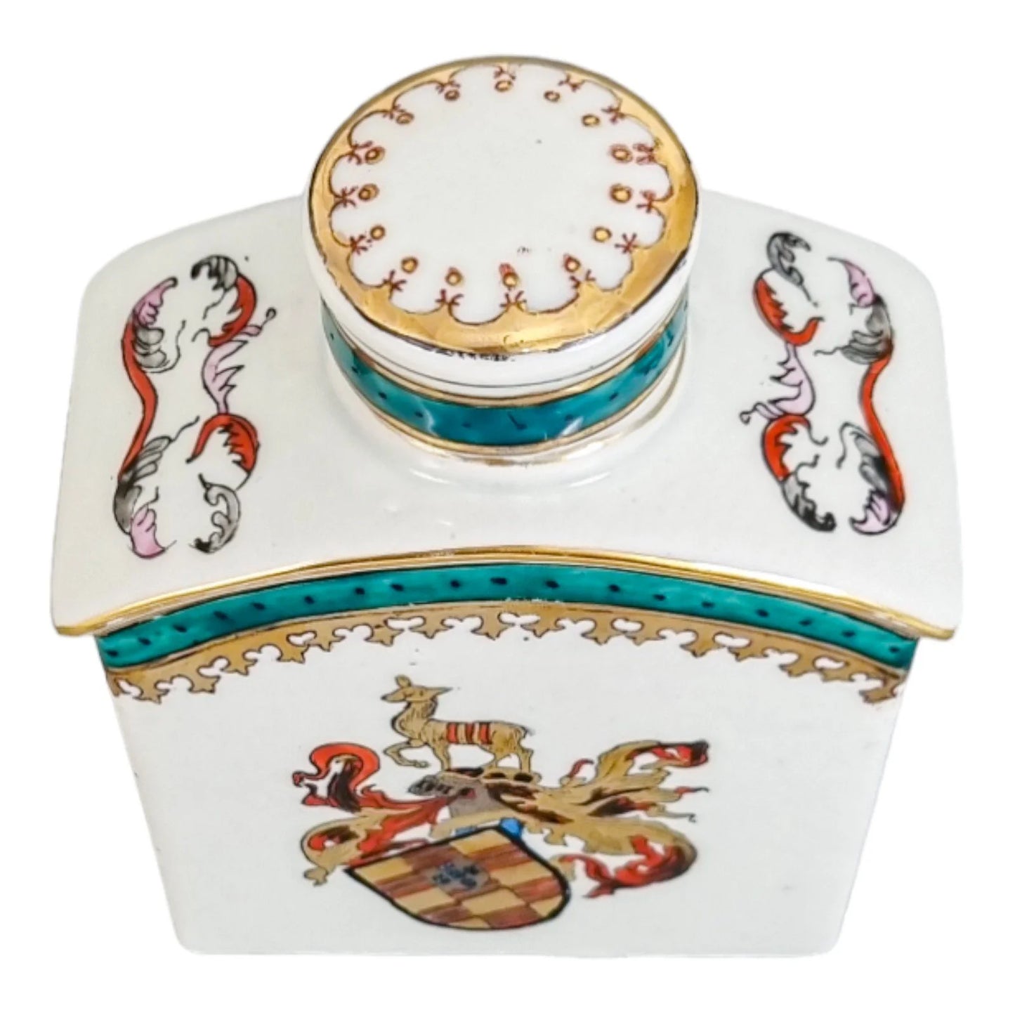 Late 19th century French Samson armorial porcelain tea caddy with riverscape scenes