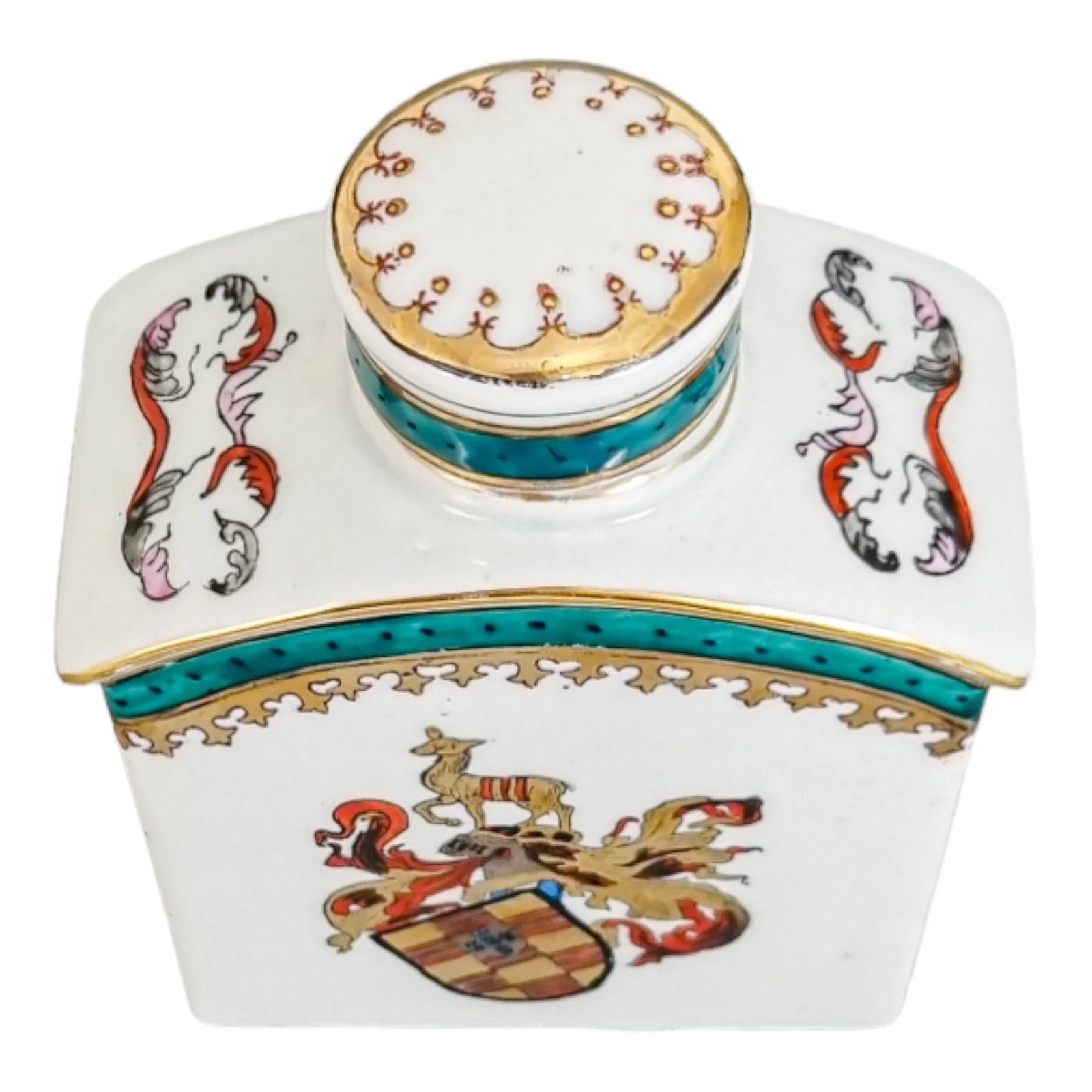 Late 19th century French Samson armorial porcelain tea caddy with riverscape scenes