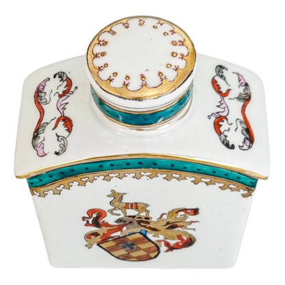 Late 19th century French Samson armorial porcelain tea caddy with riverscape scenes