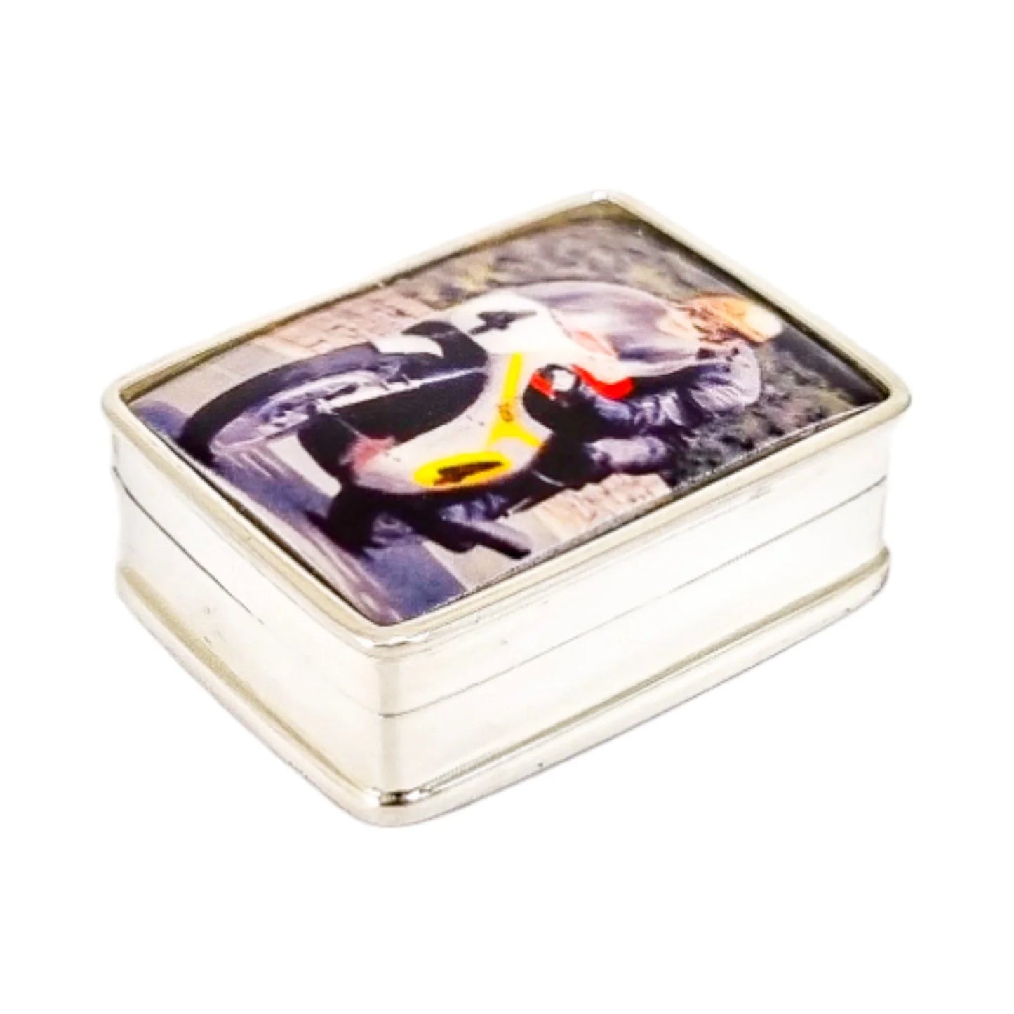 Sterling silver enamelled pill box with vintage motorbike racing design