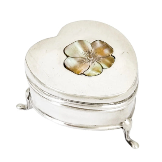 Edwardian sterling silver heart-shaped ring box with mother-of-pearl