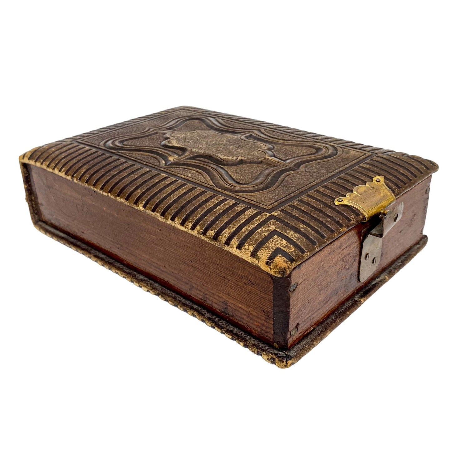Storage box converted from Victorian tooled leather photo album with brass clasp