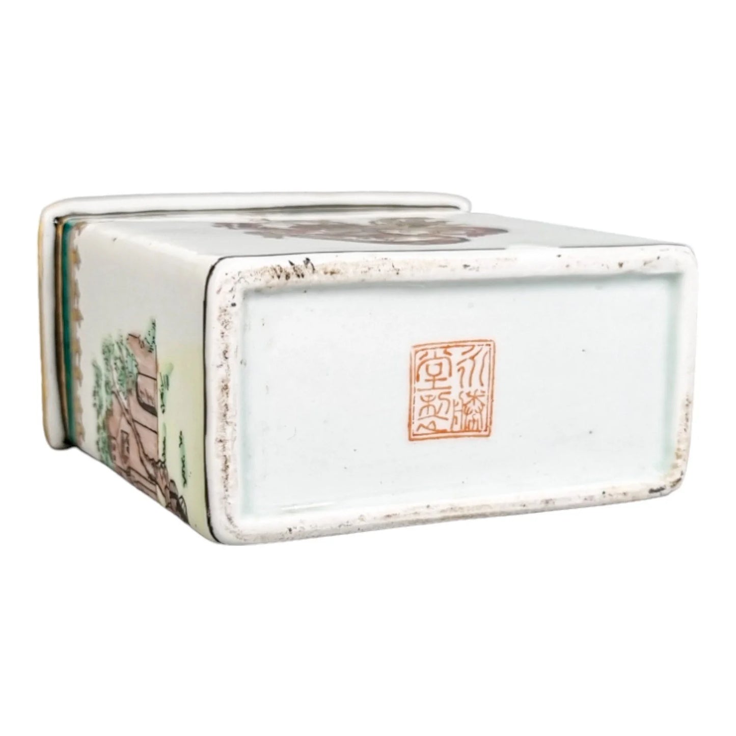 Late 19th century French Samson armorial porcelain tea caddy with riverscape scenes