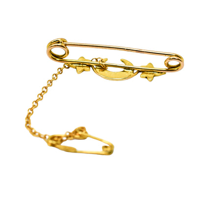 Victorian 14ct gold crescent moon ivy leaf pearl bar brooch