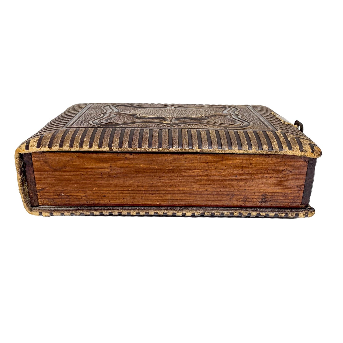 Storage box converted from Victorian tooled leather photo album with brass clasp