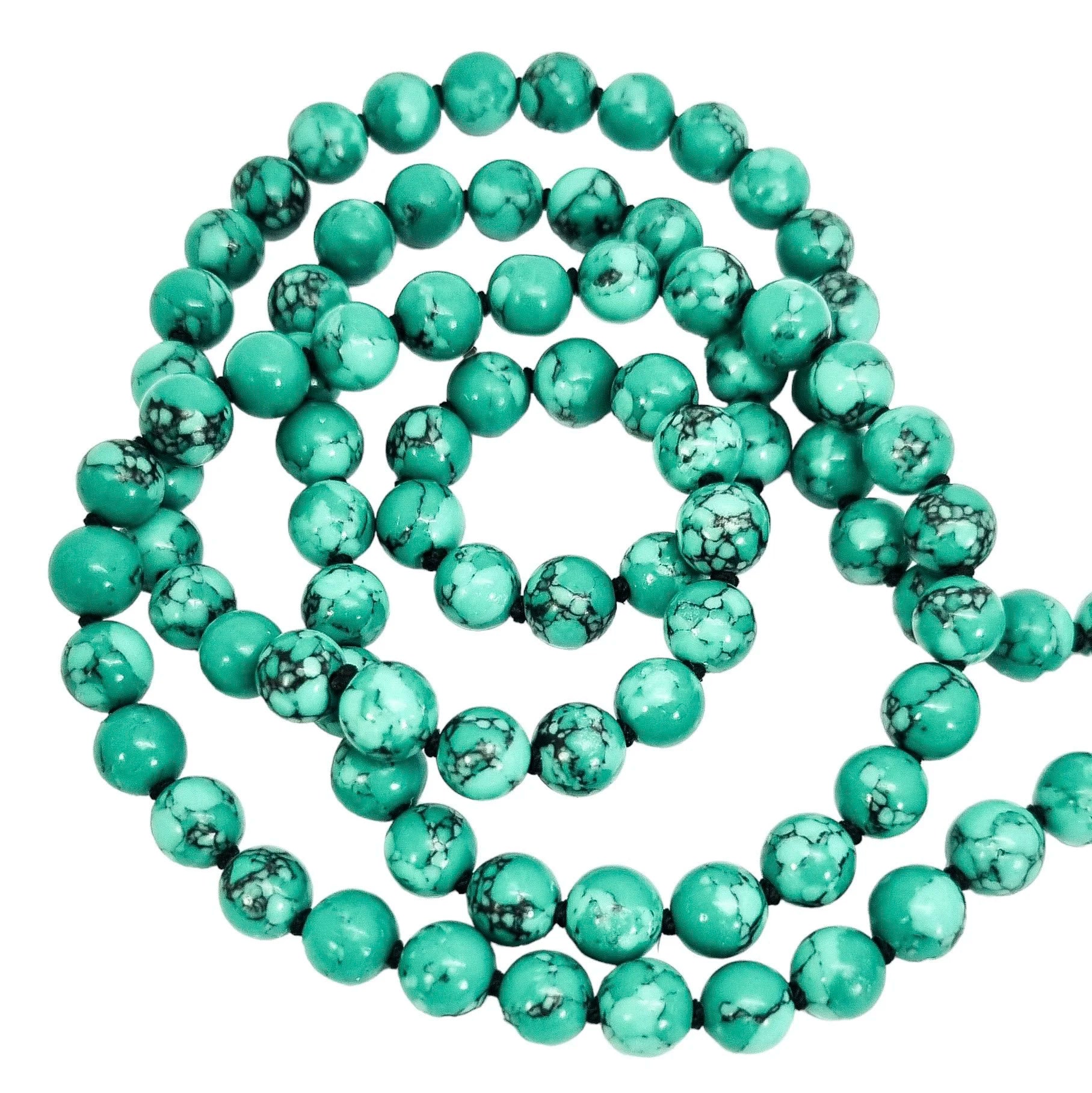Large bead natural turquoise necklace with gourd pendant and jade tassels