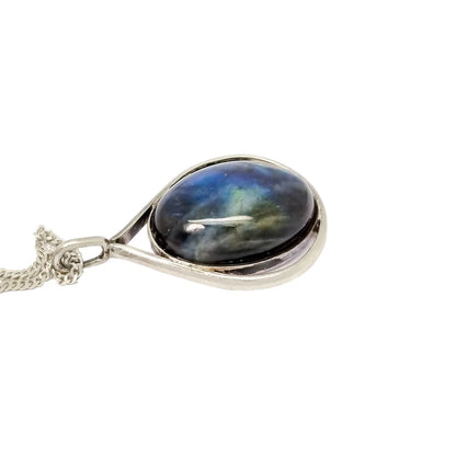 Vintage sterling silver labradorite teardrop pendant necklace on curb chain