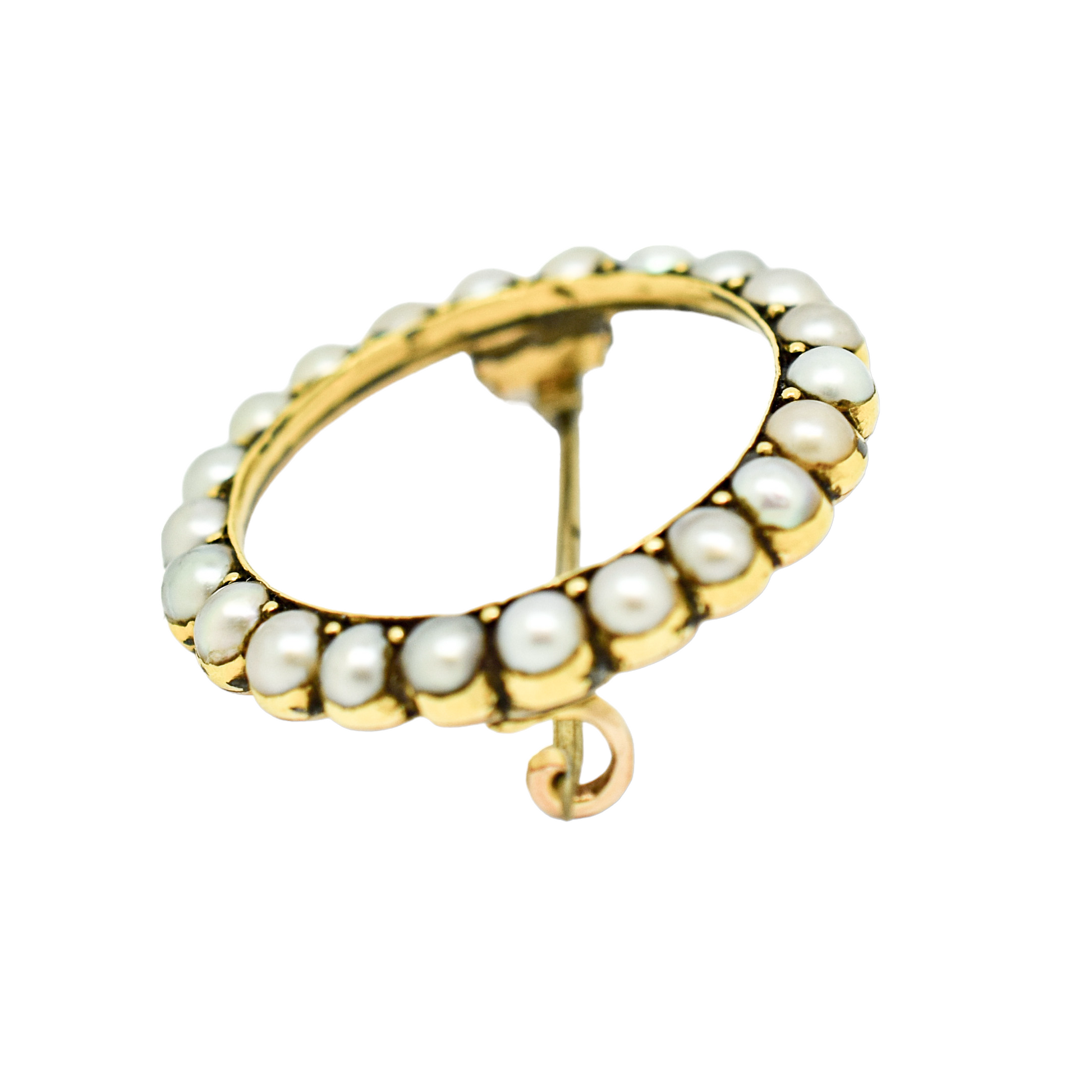 Victorian natural half pearl circle brooch / lace pin, 9ct yellow gold