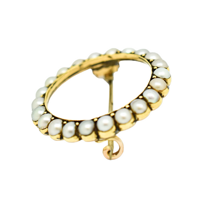 Victorian natural half pearl circle brooch / lace pin, 9ct yellow gold