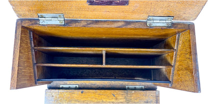 Victorian stationery letter correspondence oak box with 3 compartments and pen holder