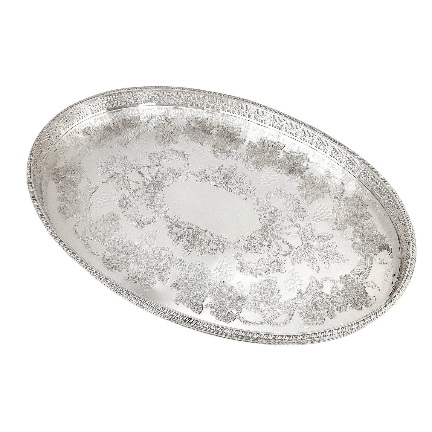 Oval silver plated gallery serving tray engraved with fruiting grapevines