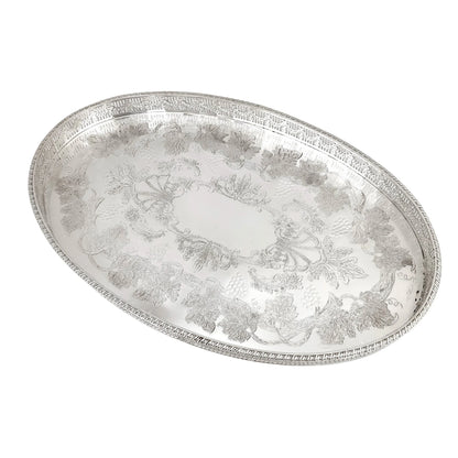 Oval silver plated gallery serving tray engraved with fruiting grapevines
