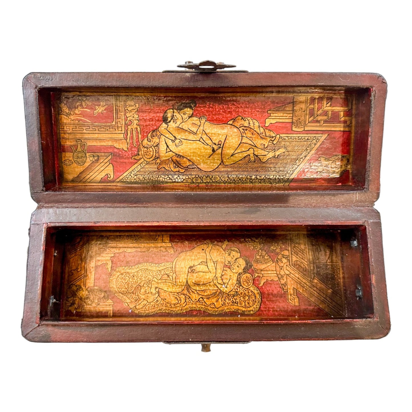 Qing Dynasty opium pillow box, phoenix decorated lid, scenes of erotica inside