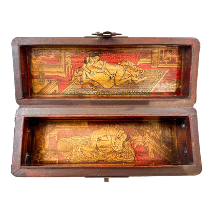 Qing Dynasty opium pillow box, phoenix decorated lid, scenes of erotica inside