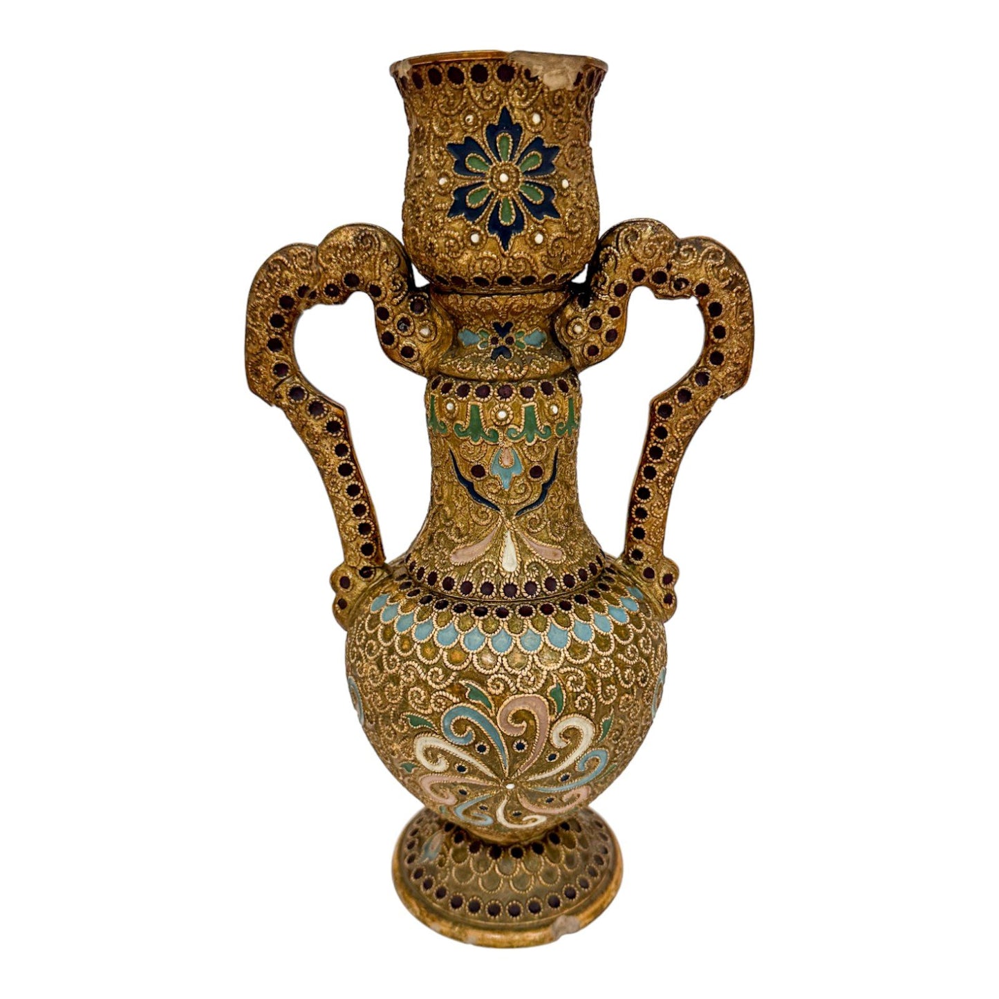 Victorian 1890's Wilhelm Schiller & Sohn twin-handled pottery vase in Islamic style