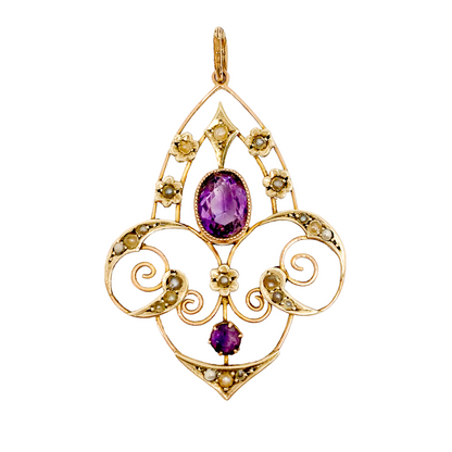 Art Nouveau lavalier amethyst pearl pendant 9ct yellow gold