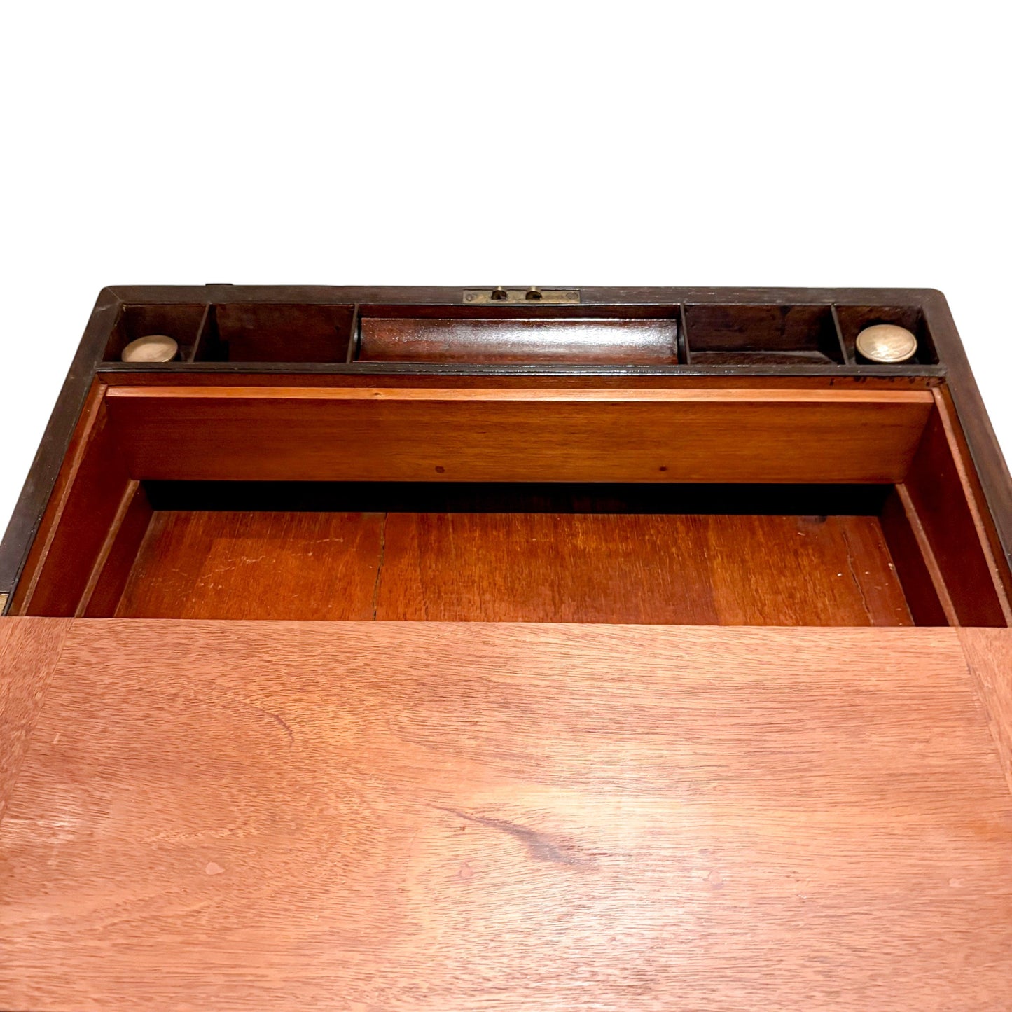 Victorian mahogany writing slope, secret drawers, working key