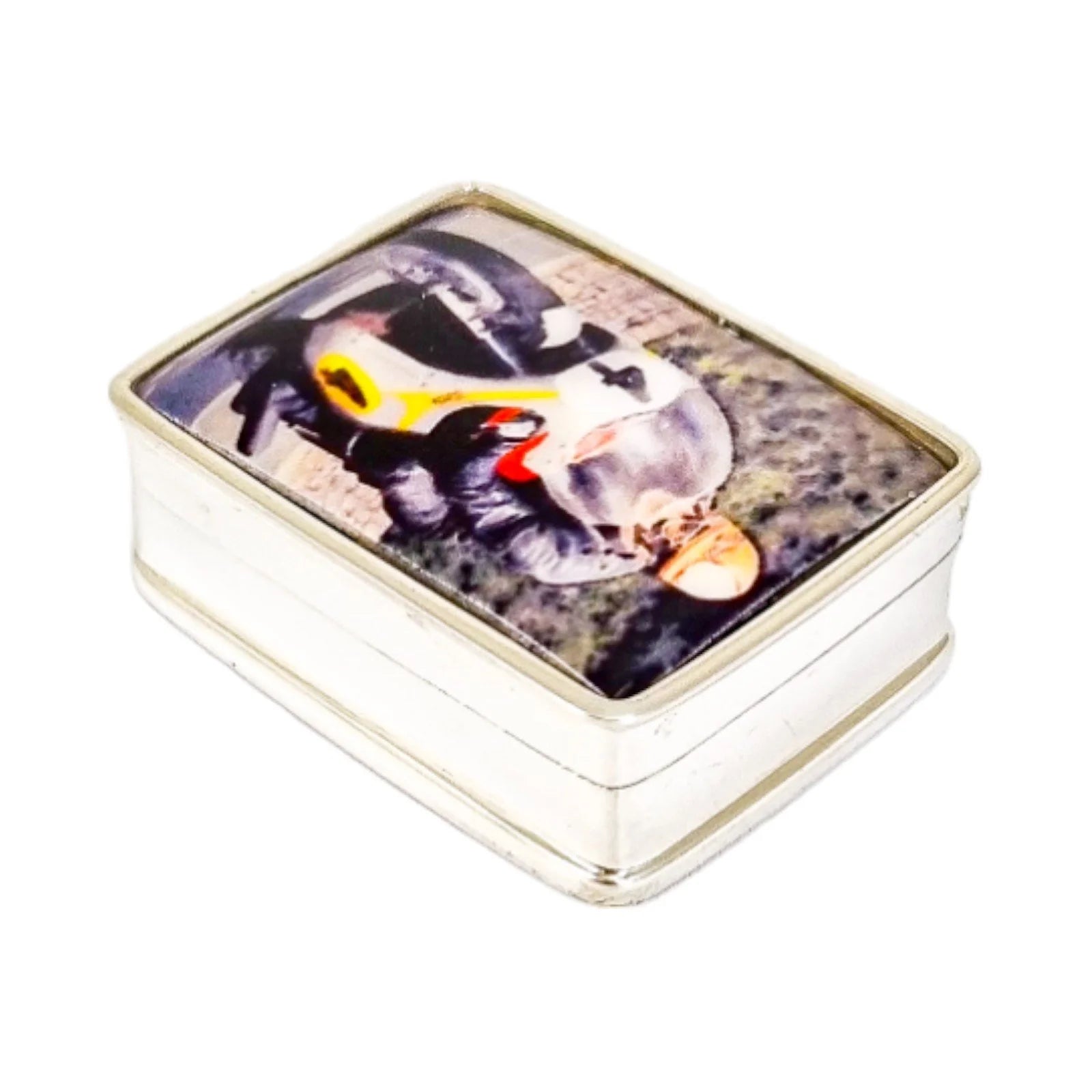 Sterling silver enamelled pill box with vintage motorbike racing design