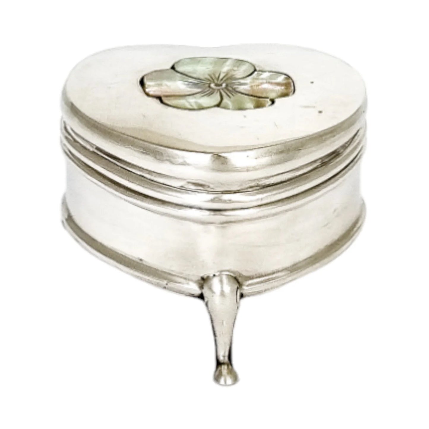 Edwardian sterling silver heart-shaped ring box with mother-of-pearl