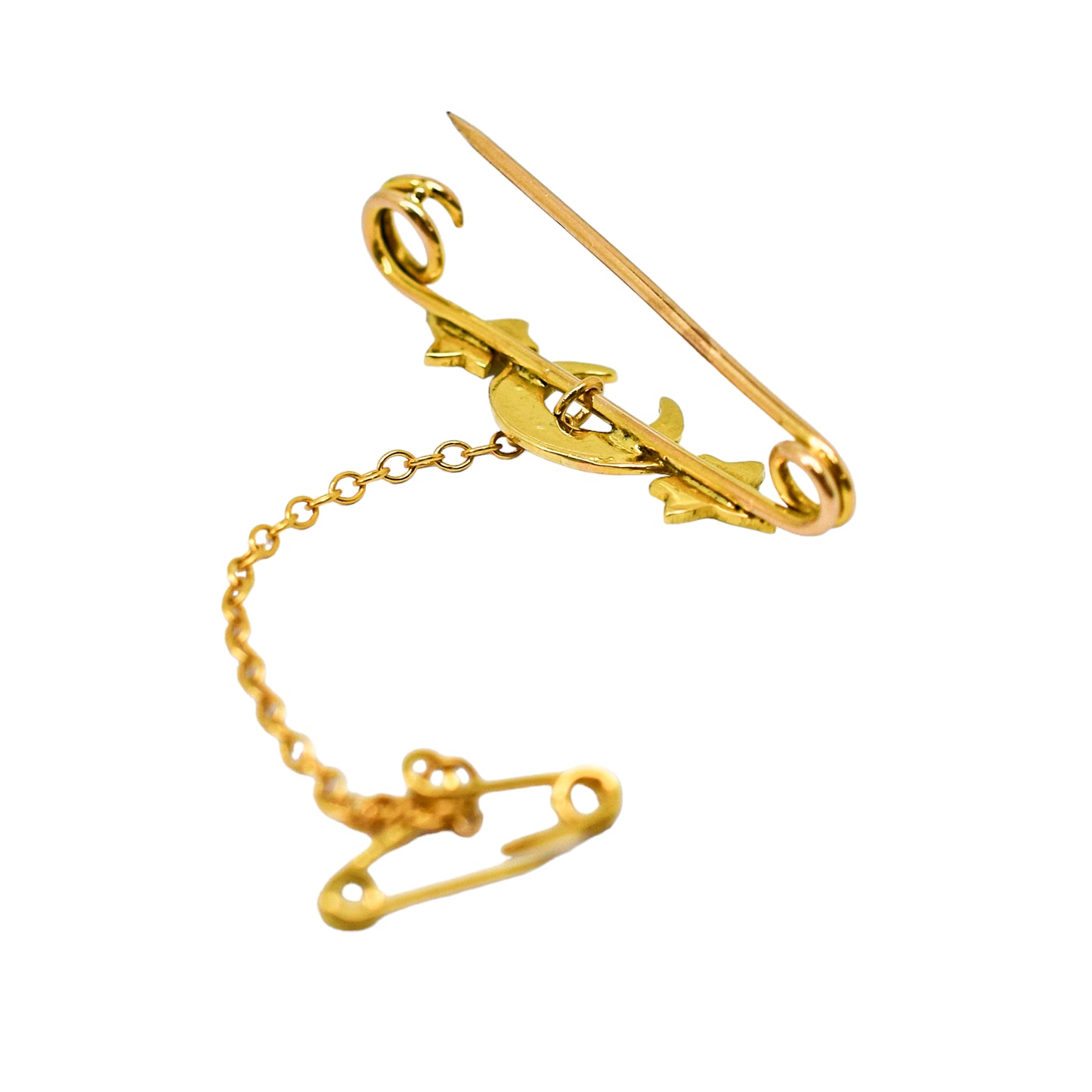 Victorian 14ct gold crescent moon ivy leaf pearl bar brooch