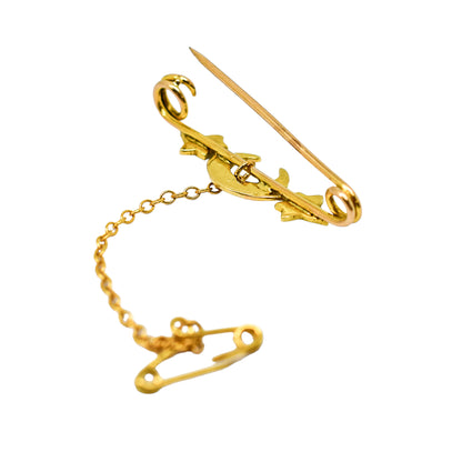 Victorian 14ct gold crescent moon ivy leaf pearl bar brooch