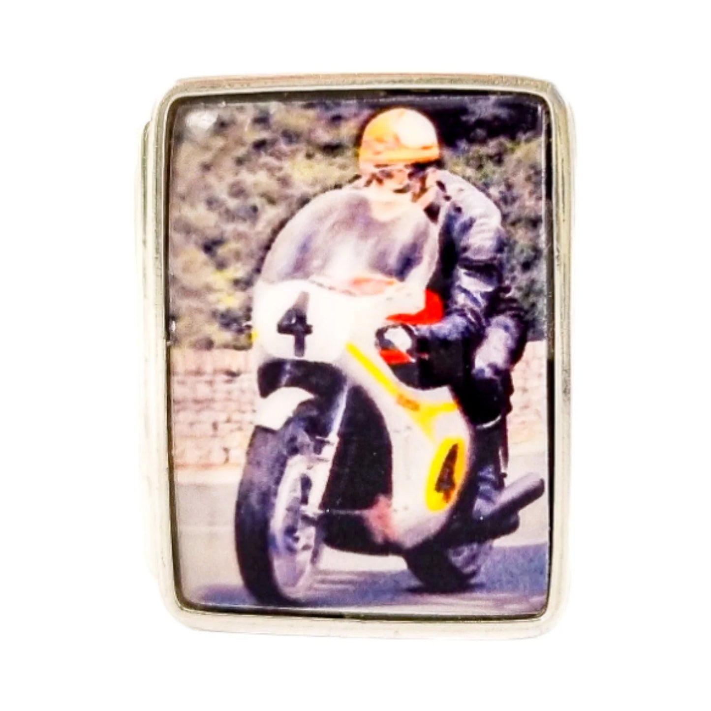 Sterling silver enamelled pill box with vintage motorbike racing design