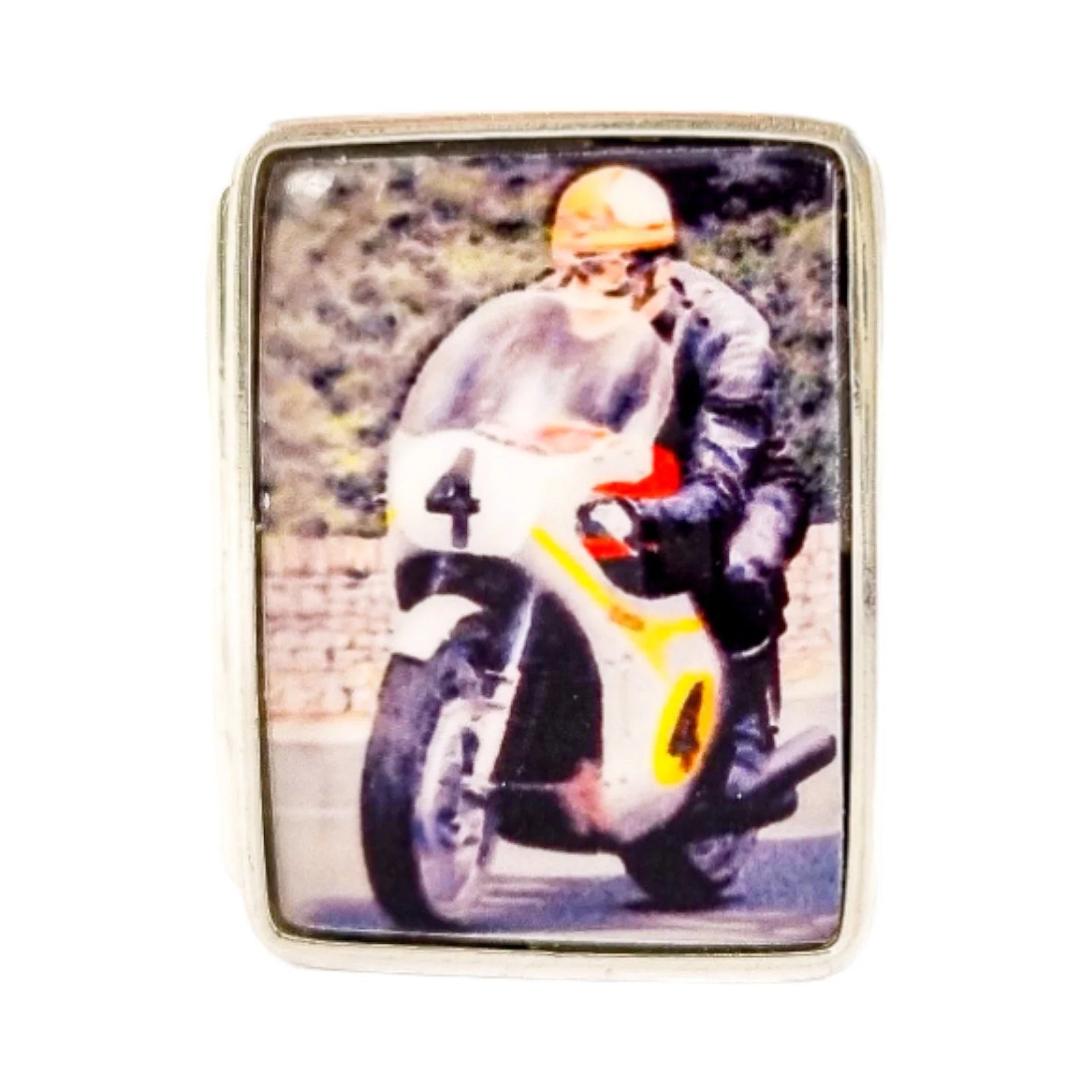 Sterling silver enamelled pill box with vintage motorbike racing design
